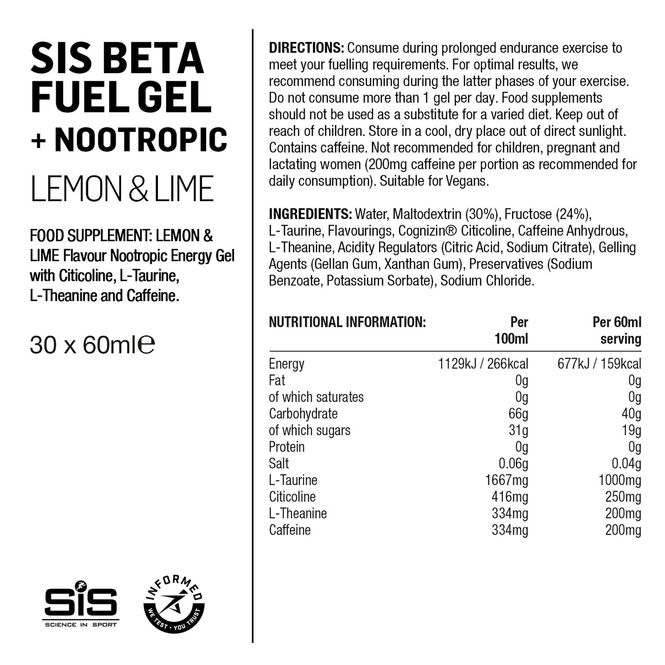 Hovedbilde SIS Beta Fuel + Nootropics Gel Sitron Lime 60 ml